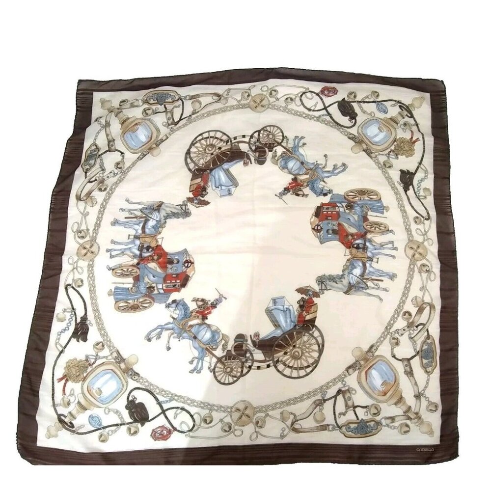 Vtg. Codello Chic Horse Carriage Print Bown Sheer 33" X 34"